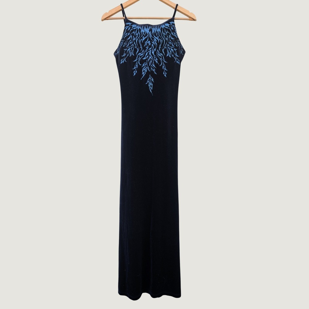 Status Collection Dress Small Black Velvet Blue Flame Glitter Prom Whimsigoth